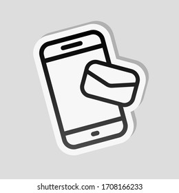 Email and mobile phone, outline design. Sticker style with white border and simple shadow on gray background