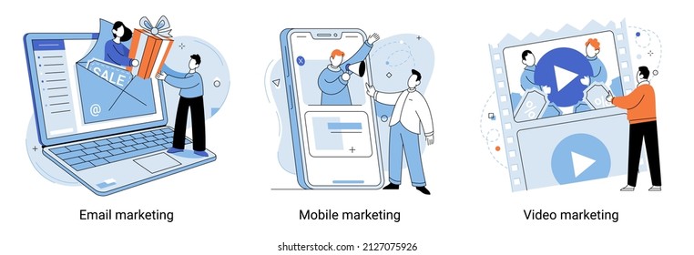 Email, mobile and video marketing technology. Getting new subscribers, likes, messages. Work with advertising and promoting via Internet. Buyer acquisition promotion strategy for social media metaphor