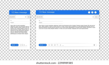 Broma por correo electrónico. Correo en línea. ventana de la interfaz de usuario para el cuadro de mensaje. Interfaz de pantalla móvil o de ordenador. Página Dirección en blanco. Servicio Web. Marco de diseño vacío. Plantilla de diseño de correo por Internet para vectores