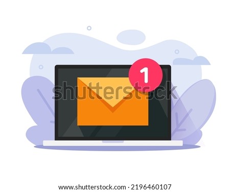 Email new mail in laptop screen message icon vector or unread letter message in mailbox inbox receive on computer with red notice on envelope graphic, modern alert reminder service design