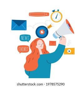 E-mail news, promotion, subscription flat vector illustration. Online news, news update, information about activities, events, company information and announcements design for mobile and web graphics