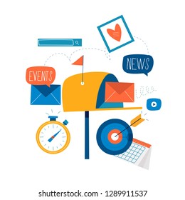 E-mail news, subscription, promotion flat vector illustration design. Online news, news update, information about events, activities, company information and announcements