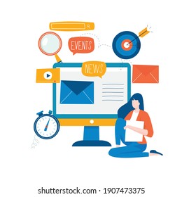 E-Mail-Nachrichten, Abonnement, Werbewohnung, Vektorgrafik. Online-Nachrichten, News-Updates, Informationen über Aktivitäten, Ereignisse, Unternehmensinformationen und Ankündigungen Design für mobile und Web-Grafiken