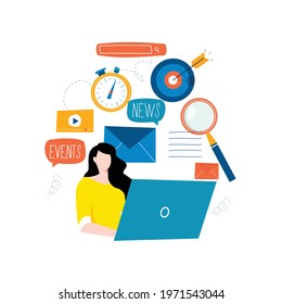 E-mail news, subscription, promotion flat vector illustration. Online news, news update, information about activities, events, company information and announcements design for mobile and web graphics