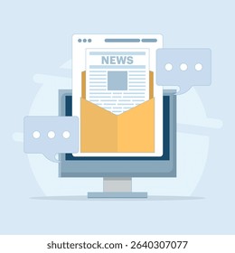 Email newsletter concept, Email marketing, SEO on email marketing, digital news, subscription renewal. Online business strategy, newsletter marketing. Flat vector illustration on background.