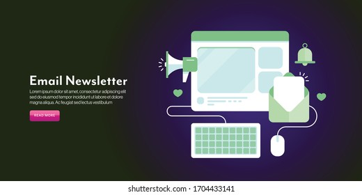 Email newsletter, Content marketing, Digital advertising, Social media content - conceptual vector illustration with icons and texts