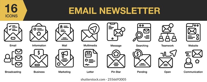 Email Newsletter icon set. Includes multimedia, message, pending, pin star, letter, searching, open, teamwork, and More. Outline icons vector collection.