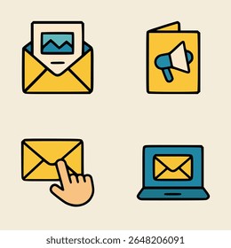 Email and newsletter icons with image attachment, marketing flyer, click to open, and inbox on laptop screen