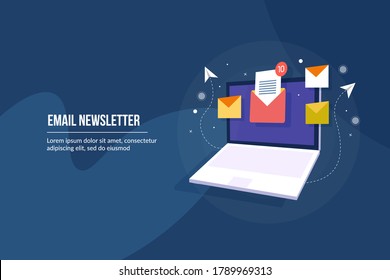 Email Newsletter, Sending Email Messages, Sign Up For Newsletter - Conceptual Flat Design Isometric Vector Illustration With Icons