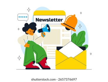 Email Newsletter Vector Illustration Featuring an Envelope, Electronic Mail Message, or Mobile Service in a Flat Style Cartoon Design