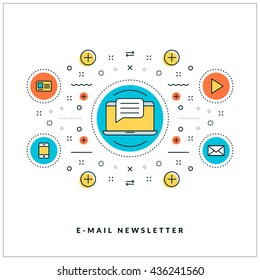 Email newsletter. Vector thin line business concept. Flat style illustration for website banner or promotional materials. Line icons and design elements