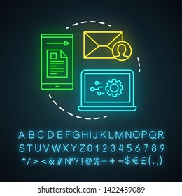 Email newsletters neon light icon. Marketing automation. Company news. Email communication, advertising campaign. Glowing sign with alphabet, numbers and symbols. Vector isolated illustration
