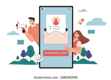 Email newsletters subscription CTA in flat style. Man speaking with loudspeaker and woman clicking subscribe now button on a mobile phone. Target marketing and advertising for new subscribers