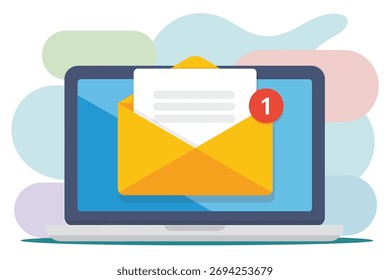 A notificação por e-mail aparece em uma tela de laptop com um ícone de envelope amarelo brilhante e um emblema de notificação vermelho contra um pano de fundo abstrato e flexível representando a comunicação digital moderna e o e