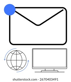 Notificación por correo electrónico con alerta azul, globo con flechas e icono de monitor de computadora. Ideal para comunicación, email marketing, negocios globales, medios digitales, trabajo remoto, servicios en línea, estrategia tecnológica