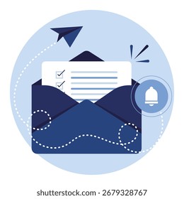 Notificação de e-mail com lista de verificação e ícone de papel do avião