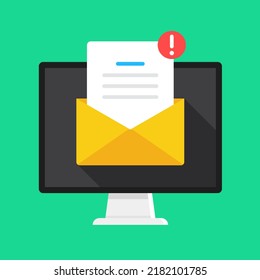 Email Notification. Computer And Envelope With Exclamation Mark On Screen. Mail, New Message, Receiving E-mail. Vector Illustration