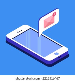 Email notification concept.New letter on smartphone screen.Vector illustration in a flat style.Isometric concept of smartphone and incoming messages.New mail sms.Email notification.
