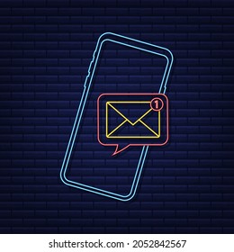 Email Notification Concept. Neon Icon. New Email On The Smart Phone Screen. Vector Stock Illustration.