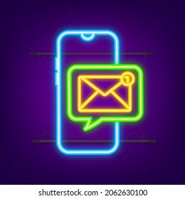 Concepto de notificación por correo electrónico. Icono de Neon. Nuevo correo electrónico en la pantalla del teléfono inteligente. Ilustración de material vectorial