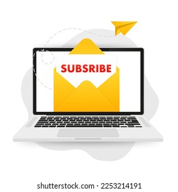 Concepto de notificación por correo electrónico. Nueva dirección de correo electrónico en la pantalla del portátil. Suscríbase a la plantilla de página web vectorial del boletín de correo electrónico, banner de marketing de medios sociales, pantalla de laptop. Ilustración del vector