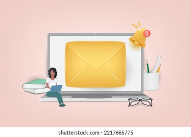 Email notification concept. New email and bell notifications on the laptop screen. Ringing bell with a new message for business advertising. Vector illustration in 3d style.