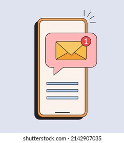 Email notification concept. New message on the smartphone screen. Vector illustration in retro style.