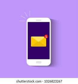 Email notification concept. New email on the smartphone screen. Vector illustration in flat style.