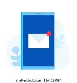 Email notification concept. New email on the smartphone screen. Modern Vector illustration in flat style.