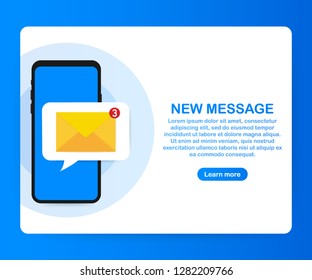 Email notification concept. New email on the smart phone screen. Vector stock illustration.