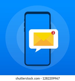Email notification concept. New email on the smart phone screen. Vector stock illustration.