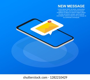 Email notification concept. New email on the smart phone screen. Vector stock illustration.
