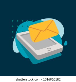 Email notification concept. New email on the smartphone screen. Vector illustration. Flat style. Dark Background