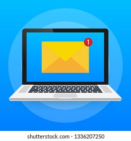 Email notification concept. New email on the laptop screen. Vector stock illustration.