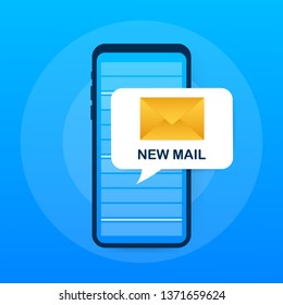 Email notification concept. New email on the smart phone screen. Vector stock illustration.