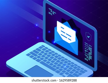 Email notification concept. New email on the laptop screen. Vector illustration in isometric style.
