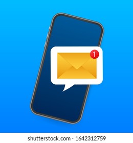 Email notification concept. New email on the smart phone screen. Vector stock illustration.