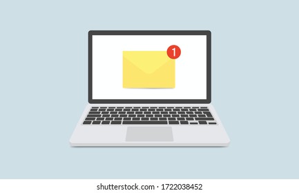 Concepto de notificación por correo electrónico. Nuevo correo electrónico en la pantalla del portátil. Ilustración vectorial en estilo plano.