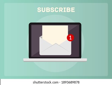 Concepto de notificación por correo electrónico. Nuevo correo electrónico en la pantalla del portátil. Ilustración vectorial en estilo plano.