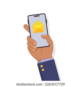 Concepto de notificación por correo electrónico. Nuevo correo electrónico en la pantalla del smartphone. Ilustración vectorial en estilo plano 10 pasos.