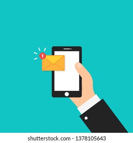 Email notification concept. New sms on smartphone. Illustration in flat design. Vector illustration