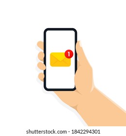 Email notification concept. New sms on smartphone. Illustration in flat design. New email or sms on smartphone screen. Vector EPS 10.