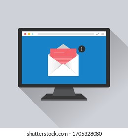 Email notification concept on browser. Newsletter and messaging received on monitor screen symbol. Vector template illustration