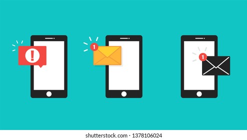 Email notification concept. Sms error red colored. Icon massage set. New sms on smartphone. Illustration in flat design. Vector illustration