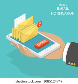 Email notification flat isometric vector concept. A hand is holding a smartphone with several envelopes and button OPEN on it.