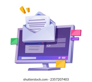 Icono de notificación de correo electrónico aislado en fondo blanco. Ilustración de dibujos animados vectores de sobre con letra en pantalla de computadora, mensaje nuevo recibido, alerta de bandeja de entrada, elemento de diseño de software de negocios