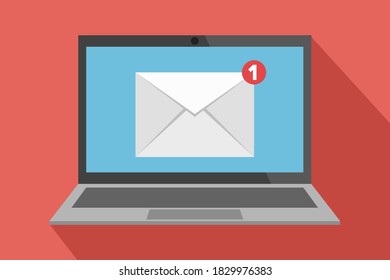 Email notification icon on laptop screen. Vector illustration