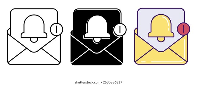 Email Notification icon represented by envelope, bell Line, Filled, Color style.