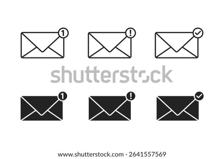 Email Notification Icon Set – Envelope with Badge Unread, Alert, Confirmed in Line and Solid Style
