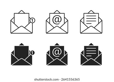 email Notification Icons – Envelope with Message, and Alert Badge in Line and Solid Style